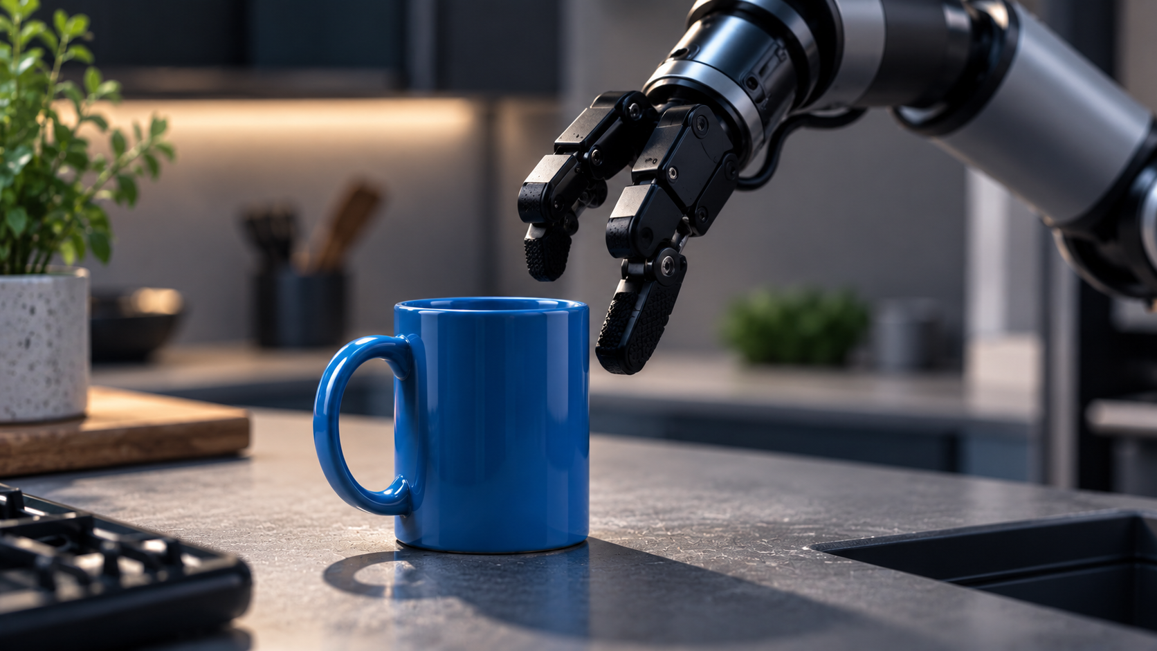 Robotic hand and blue mug — main canvas
